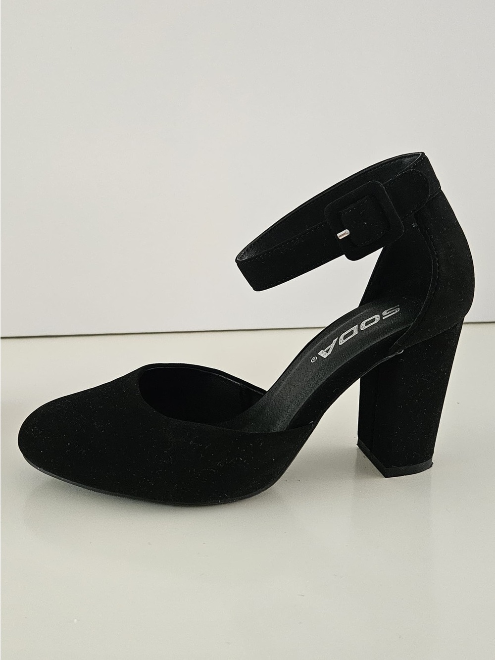SODA Black Suede Block Heel Ankle Strap Pump